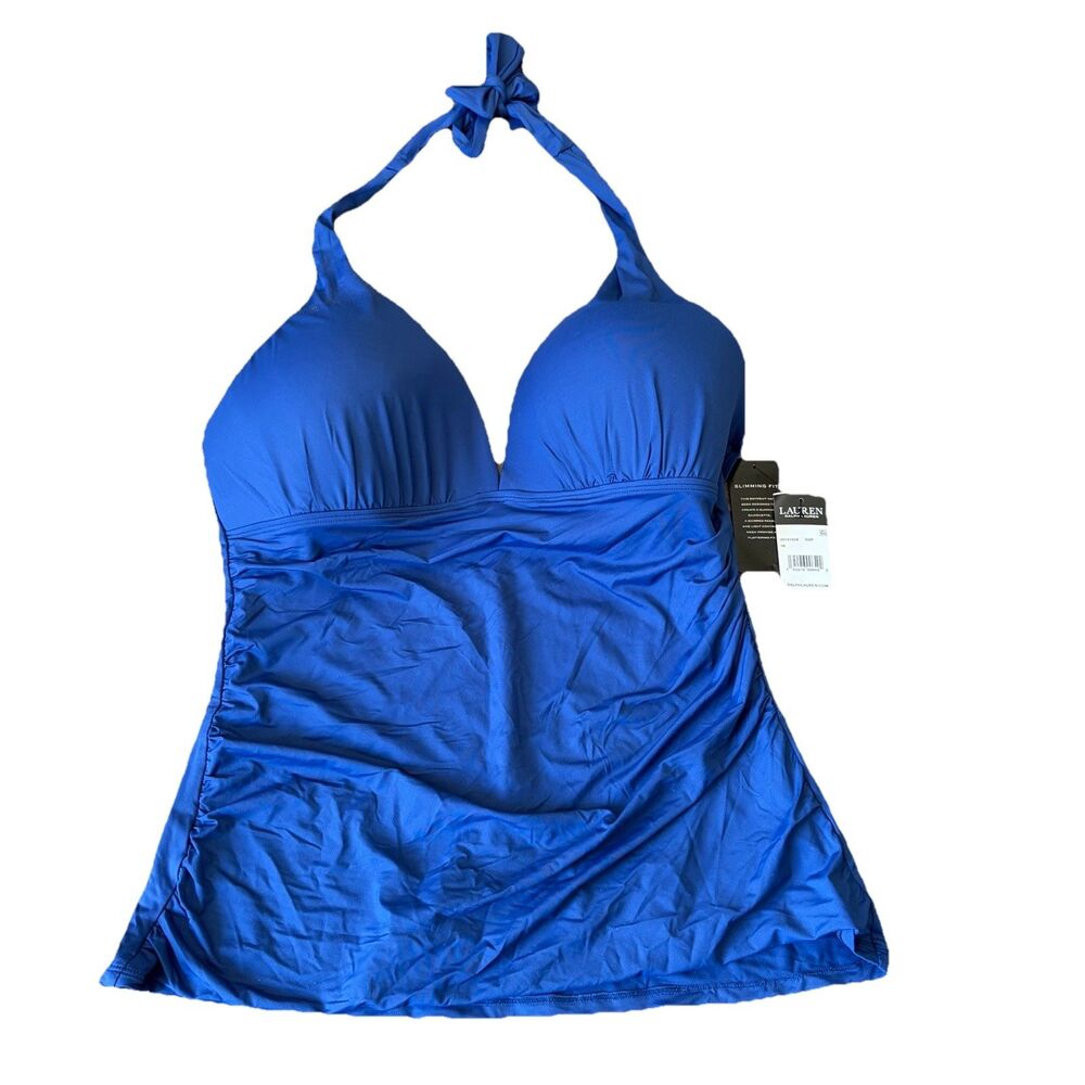 Ralph Lauren Women's Blue Beach Club Halter V-neck Swim Tankini Top Size US 16